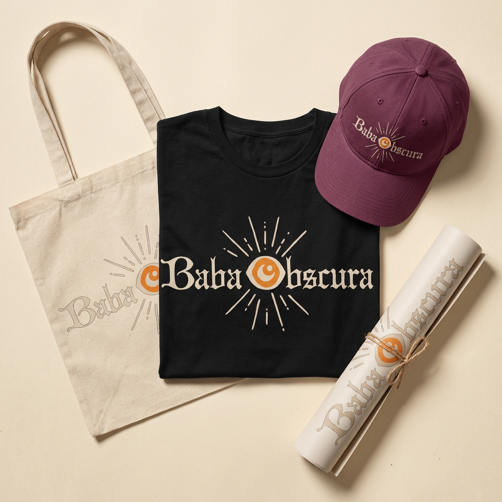 Baba Obscura 2026 merch bundle flat lay with the t-shirt, tote bag, corduroy cap and rolled poster