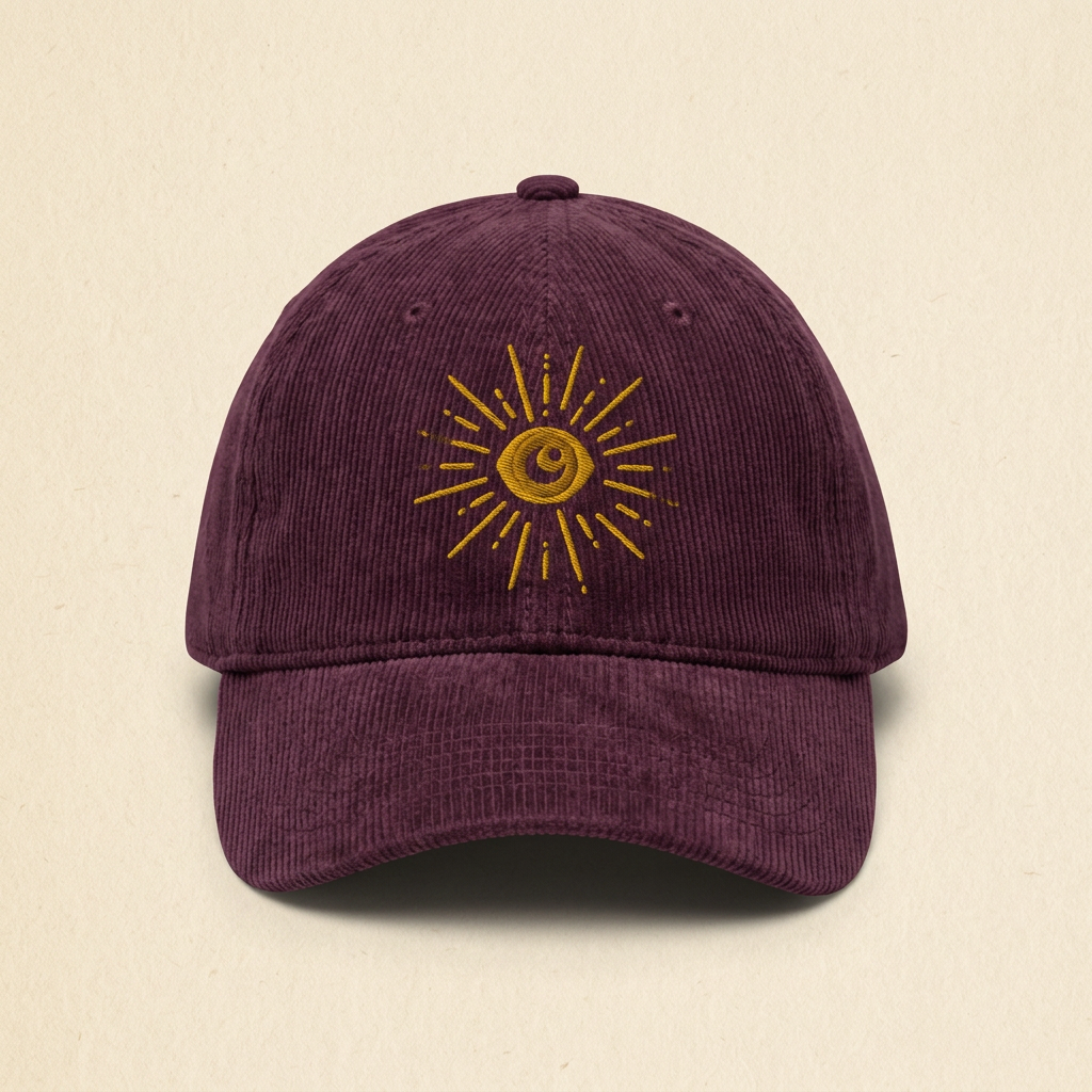 Baba Obscura 2026 plum corduroy cap with the mustard embroidered eye on the front panel