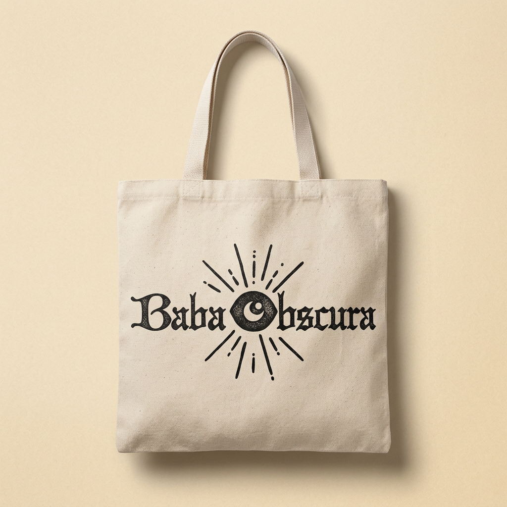 Baba Obscura 2026 natural canvas tote bag screen printed with the black eye wordmark