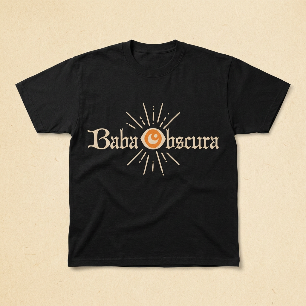 Baba Obscura 2026 black cotton festival t-shirt with the cream eye wordmark printed on the chest